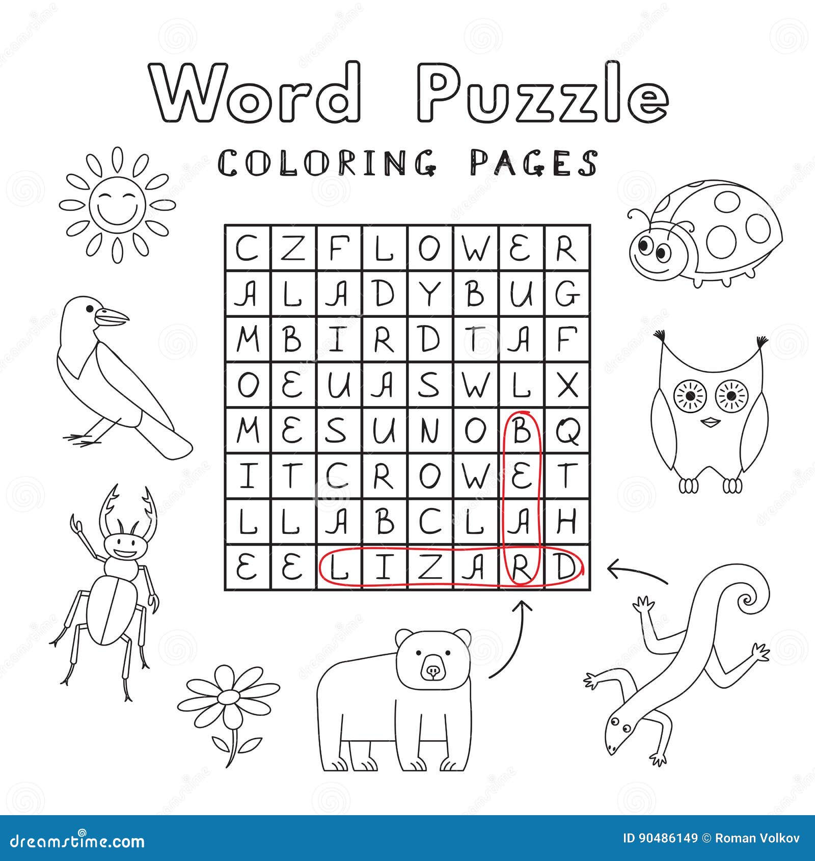 Funny animals coloring book word puzzle stock vector