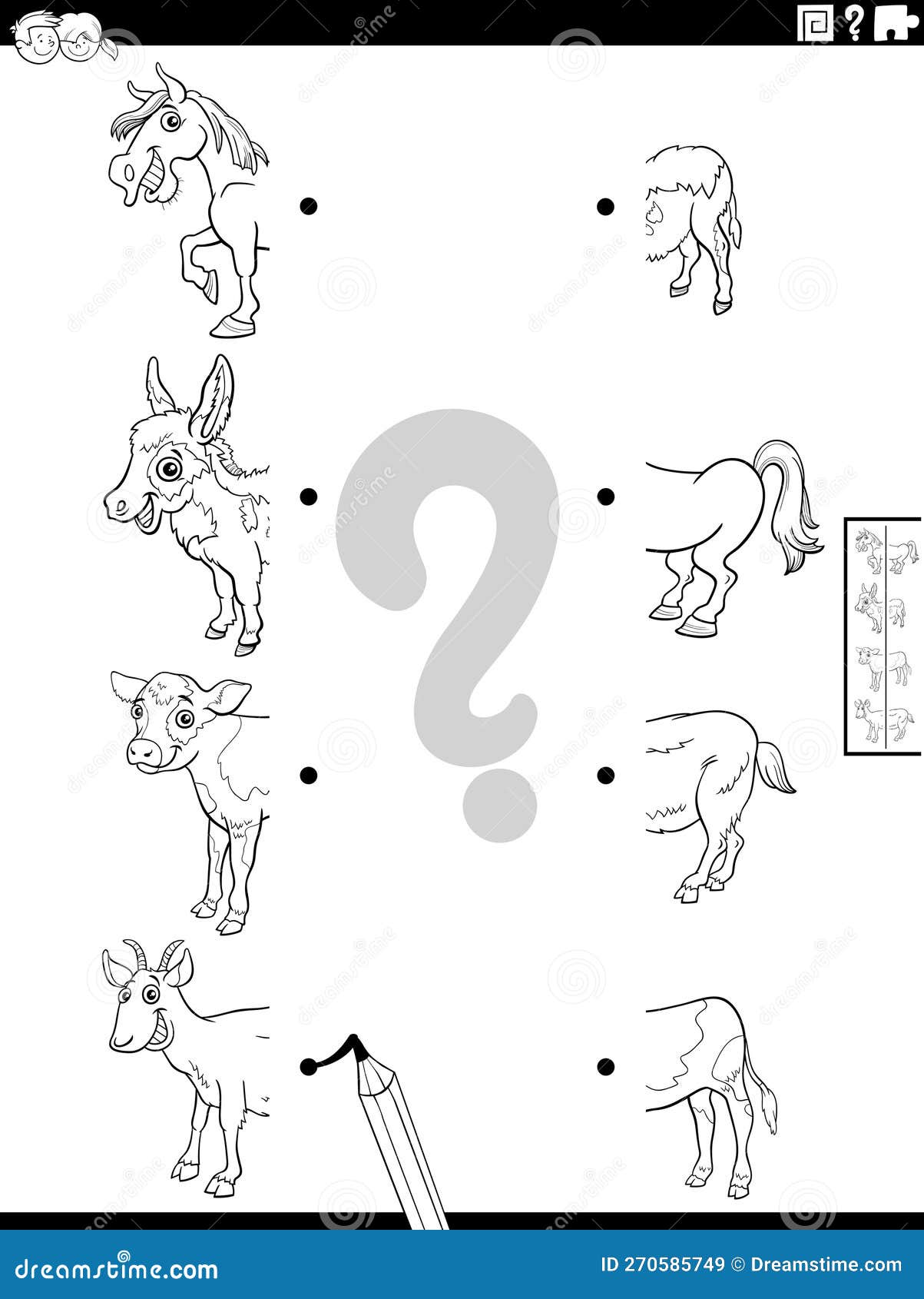 Match halves of animals pictures game coloring page stock vector
