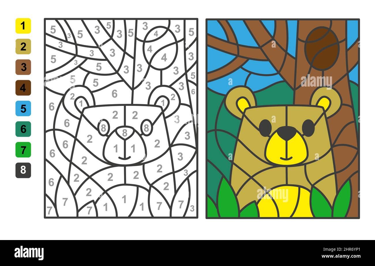 Simple vector coloring wild animal bear color by numbers puzzle game for children education stock vector image art