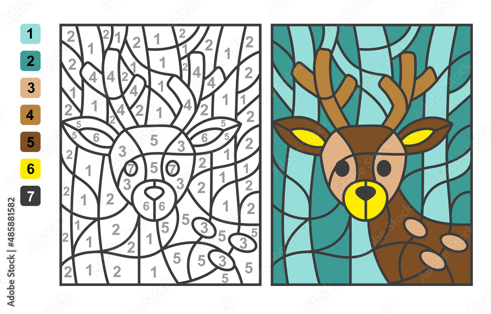 Simple level vector coloring wild animal deer color by numbers puzzle game for children education vector