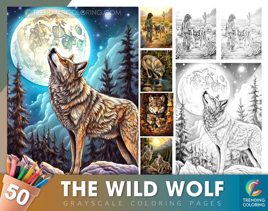 The wild wolf grayscale coloring pages
