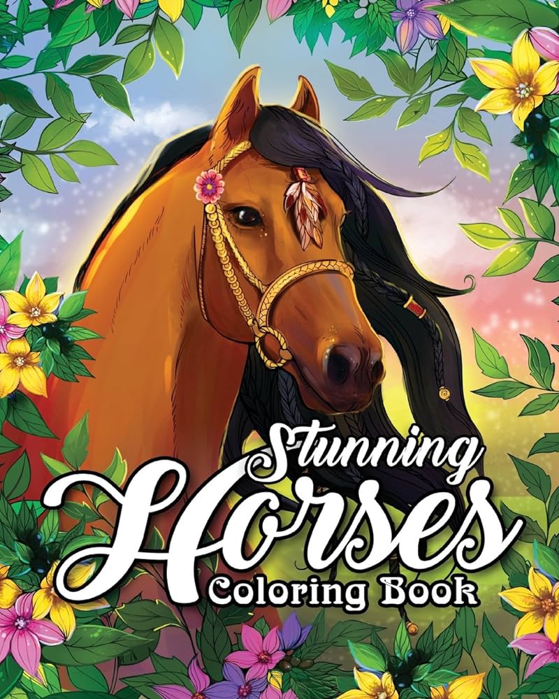 An adult coloring book featuring wild horses beautiful country scenes and calming mountain landscapes