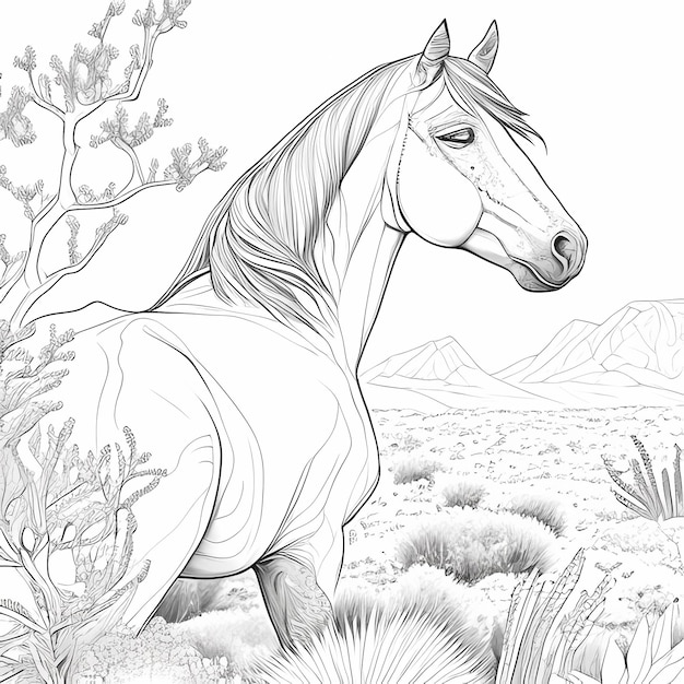 Premium ai image beautiful montana landscape mountains and water coloring page for kids wild horses