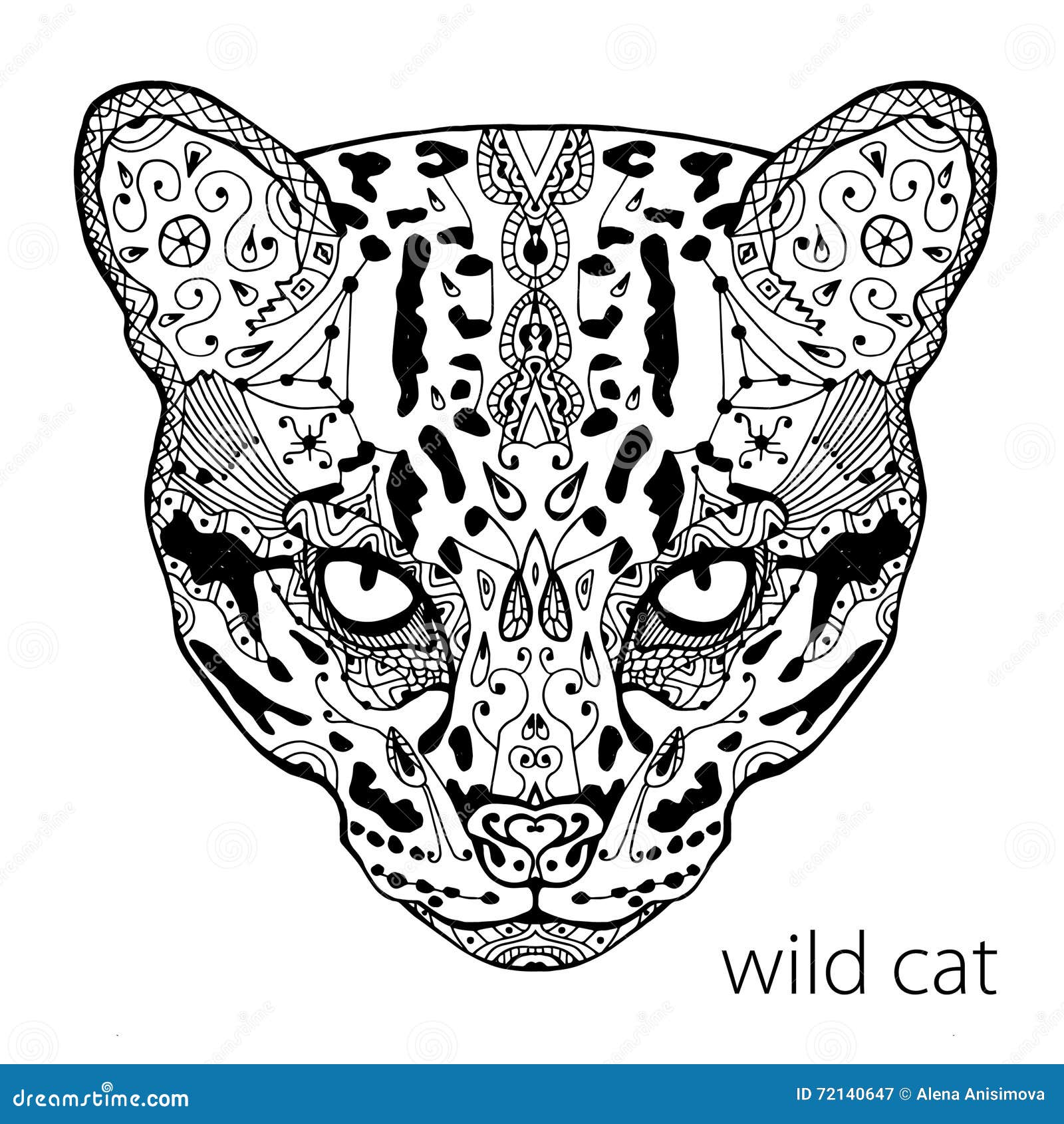 The black and white wild cat print with ethnic patterns coloring book for adults antistress adult coloring stock vector