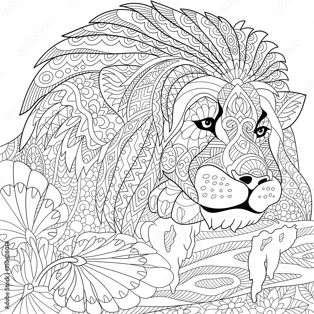 Zentangle stylized cartoon lion wild cat leo zodiac hand drawn sketch for adult antistress coloring page t