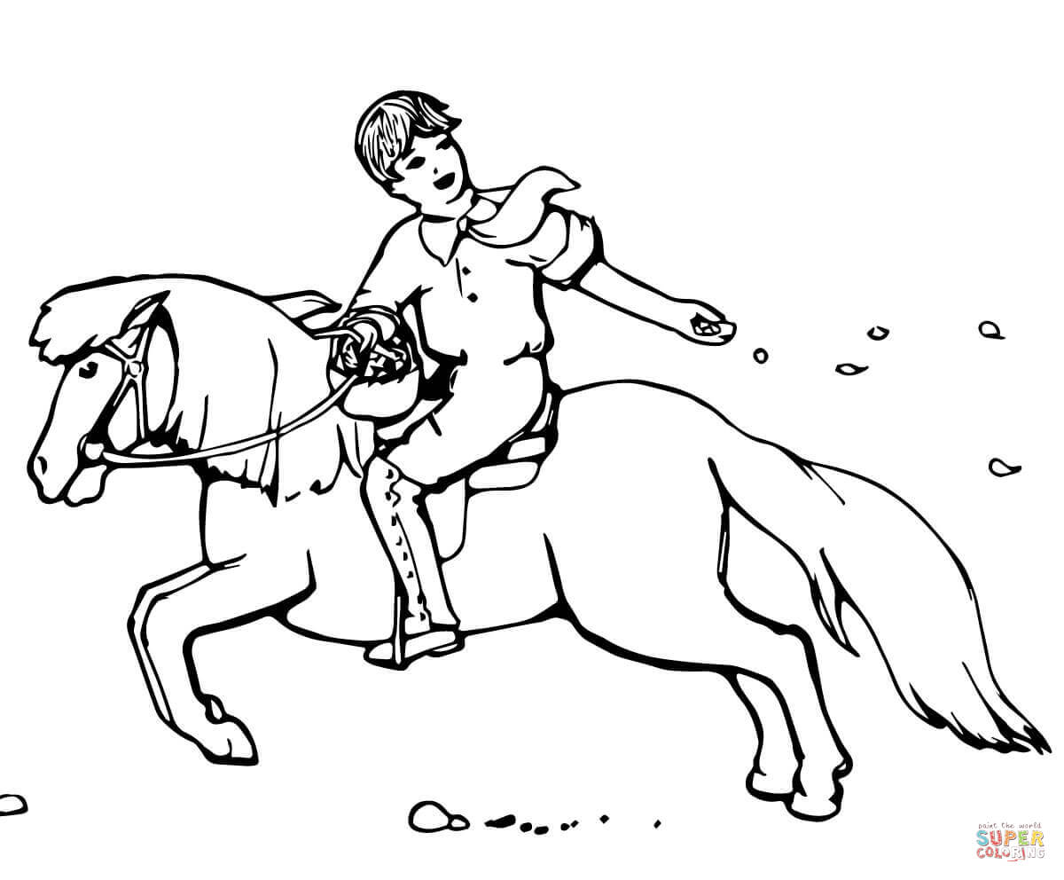Boy sowing seeds while riding a pony coloring page free printable coloring pages
