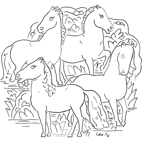 Four horses coloring page free printable coloring pages