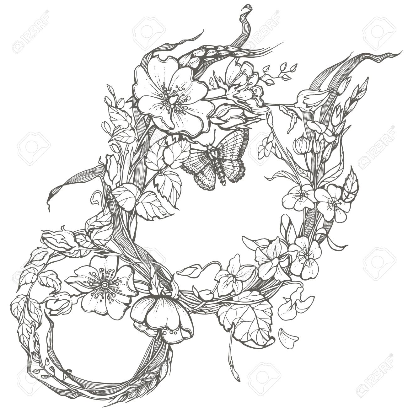 Wild dog rose flowers frame contour ink adult coloring page drawing vector clipart on white background royalty free svg cliparts vectors and stock illustration image