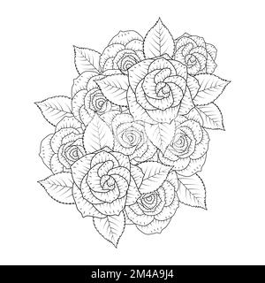 Black rose flower adult coloring page with wild rose decorative bouquet pencil sketch drawing stock vector image art