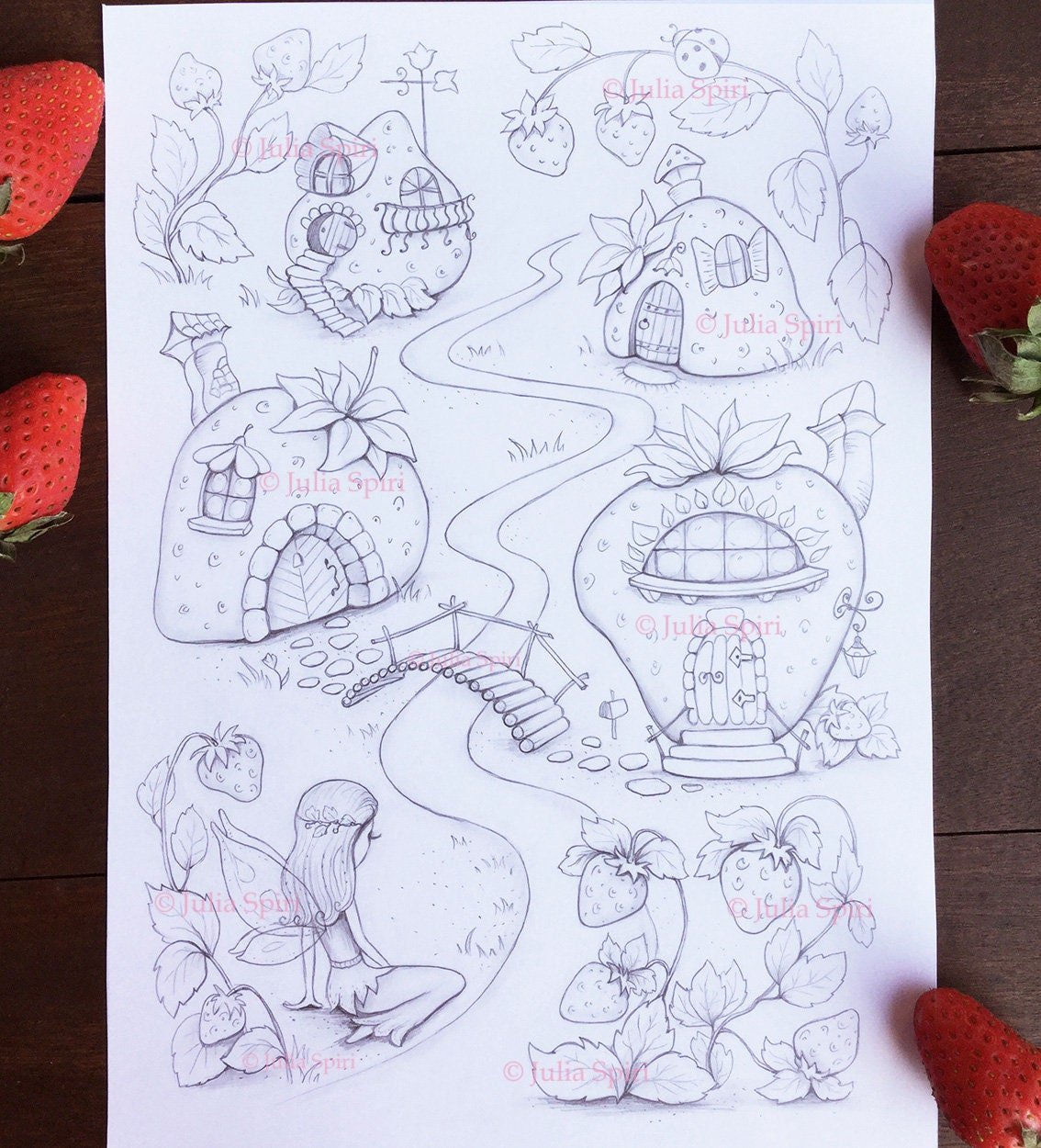 Strawberries coloring pages digital stamp digi house home fairy â the art of julia spiri