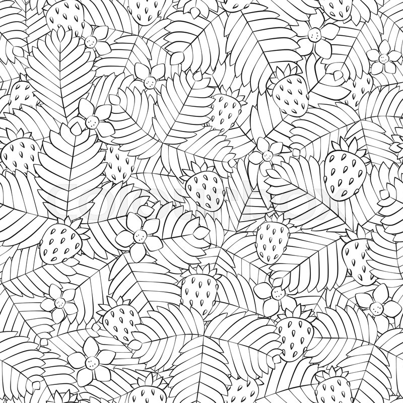 Seamless pattern with srrawberries and flowers in linear style hand drawn field of wild forest strawberry antistress coloring book vector illustration stock vector