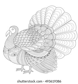Detailed zentangle turkey coloring page adult stock vector royalty free