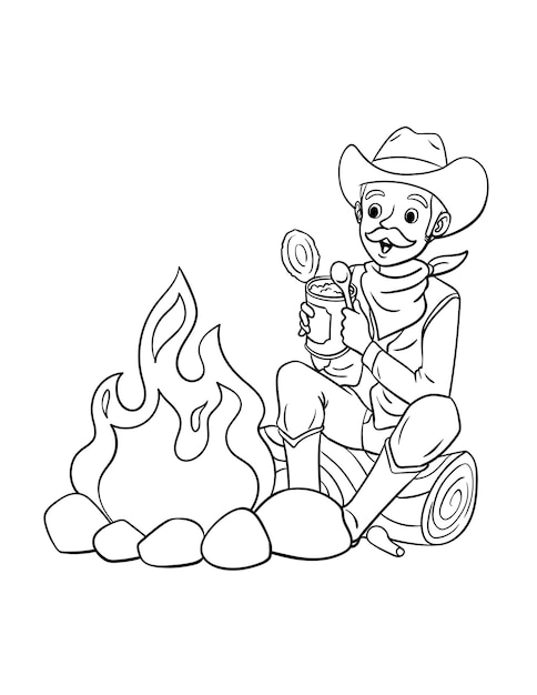 Premium vector cowboy campfire isolated coloring page for kids