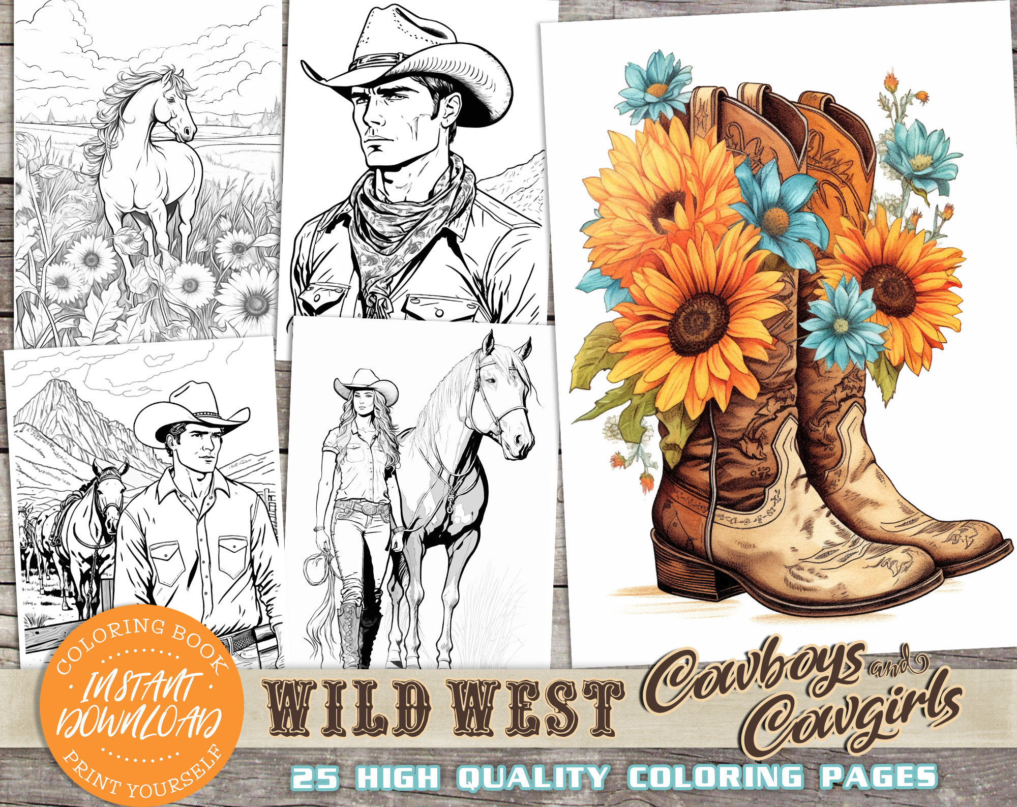Wild west cowboy cowgirl coloring book instant download printable pdf sheets adult kids colouring pages relaxation horses ranch