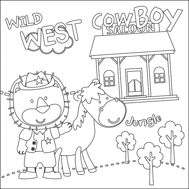 Premium vector vector illustration of cute animal cowboy with lasso and and horse childish design for kids activity colouring book or page