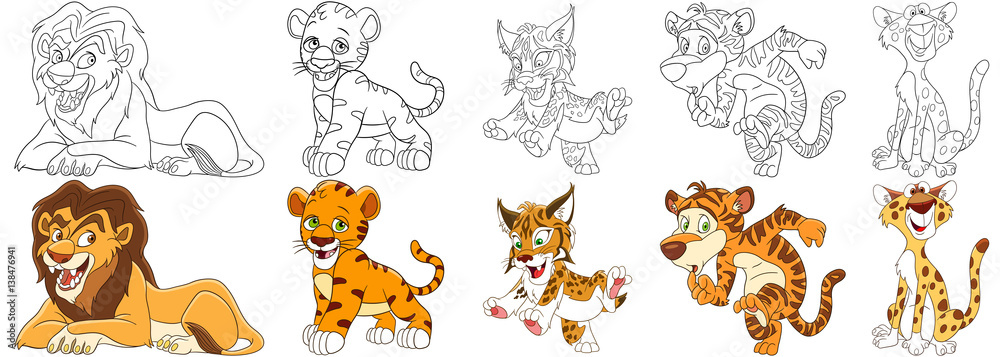 Cartoon animals set collection of wild cats lion tiger cub wildcat lynx bobcat caracal leopard cheetah coloring book pages for kids vector