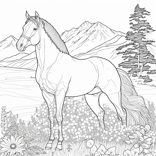 Premium ai image coloring pages of horses in the wild with mountains and flowers generative ai