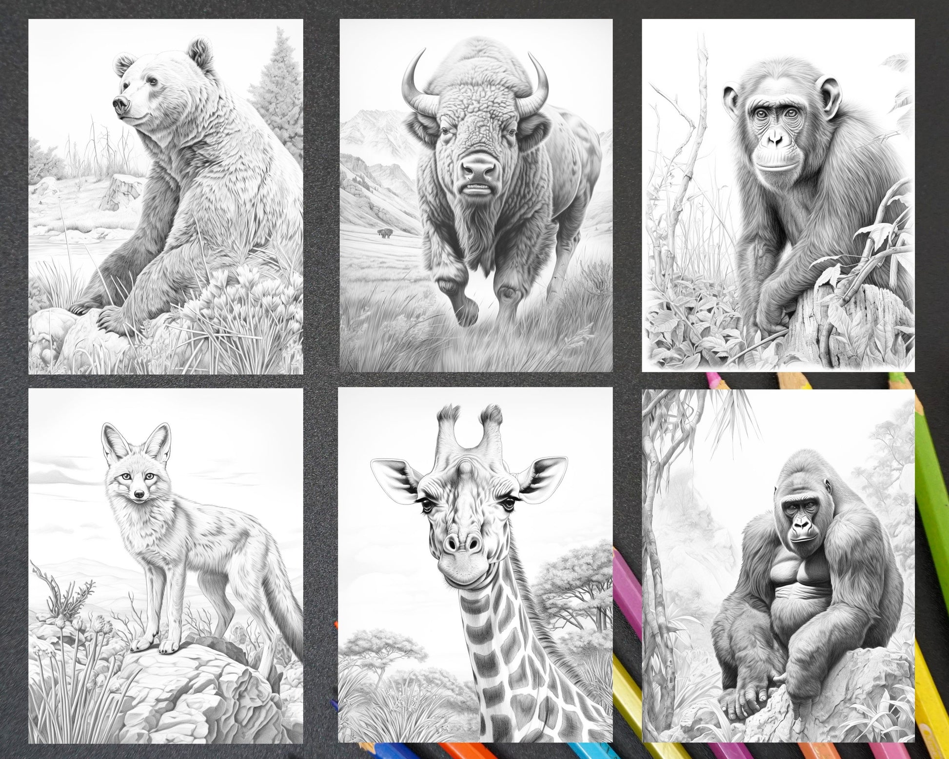Wild animals grayscale coloring pages for adults printable pdf ins â coloring