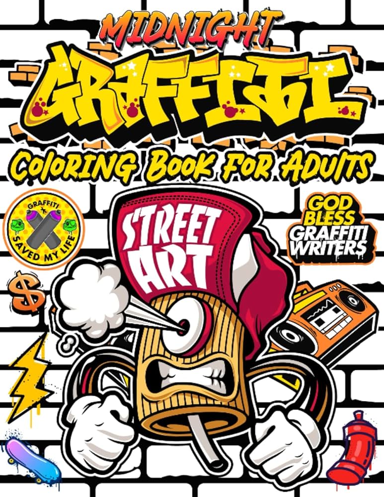 Midnight graffiti coloring book for teens and adults cool coloring pages with black background unique street art drawings graffiti lettering quotes characters fonts for stress relief relaxation and mindfulness publishing rizqmahad