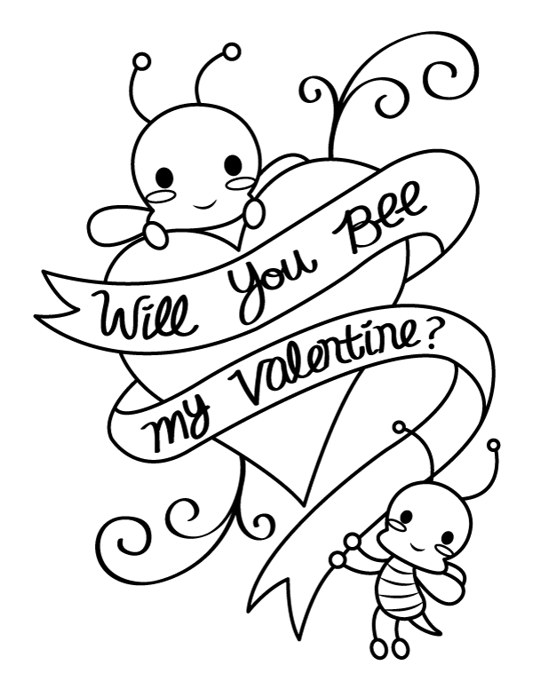 Printable will you bee my valentine coloring page