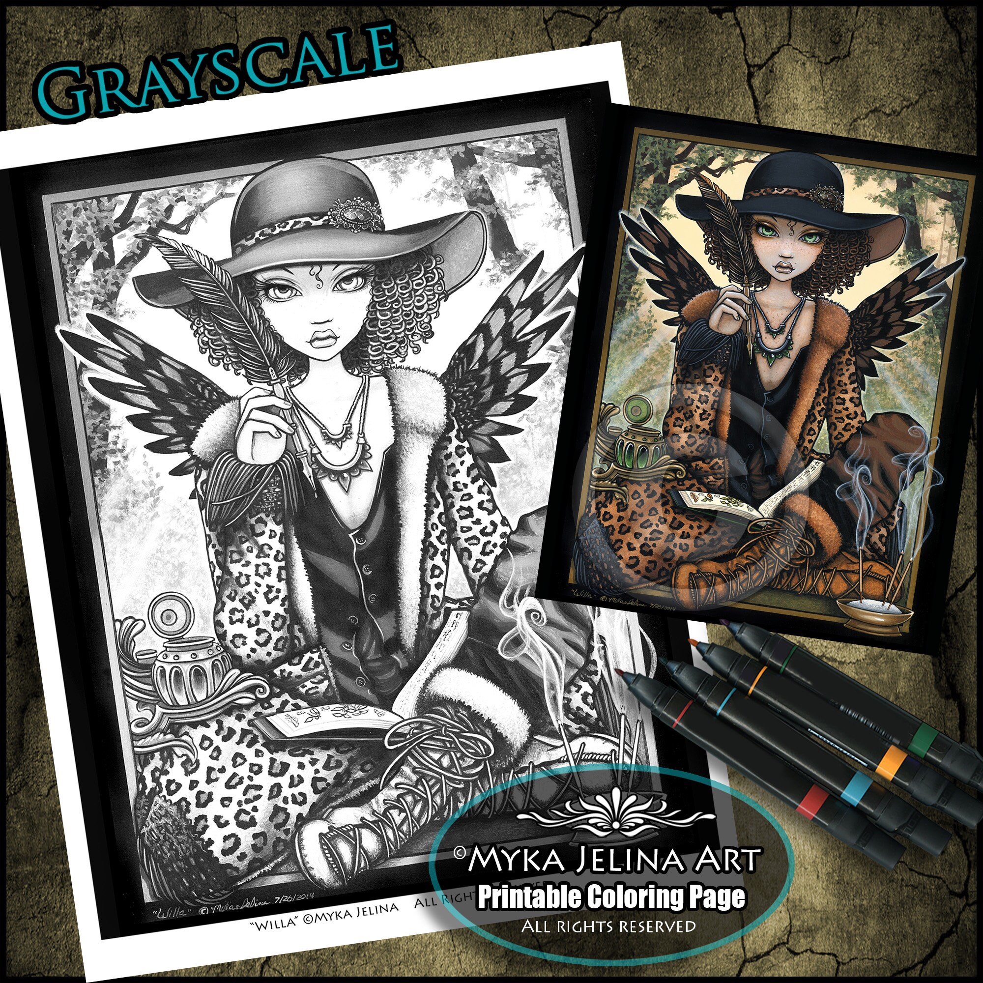 Willa grayscale digital download coloring page bohemian creole