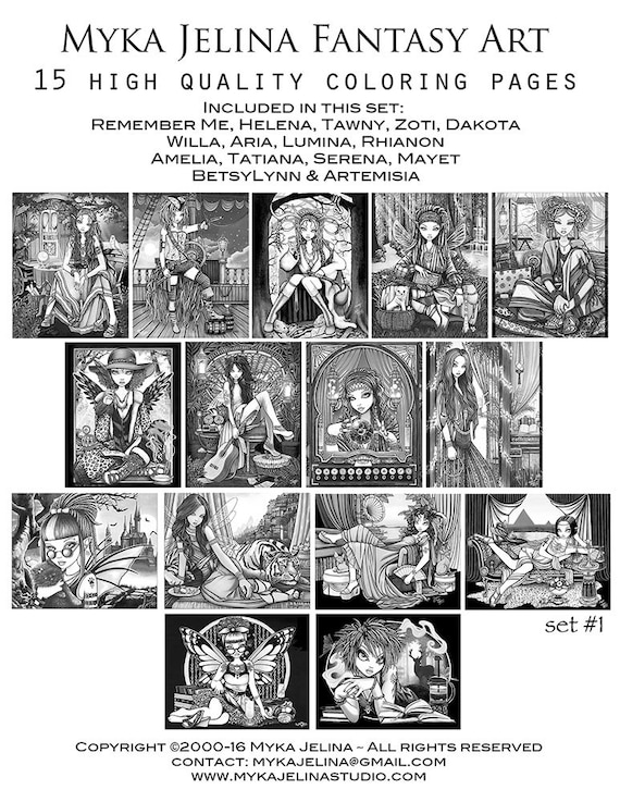 Set grayscale printable coloring pages myka jelina art fairy coloring book fantasy coloring pages download pages