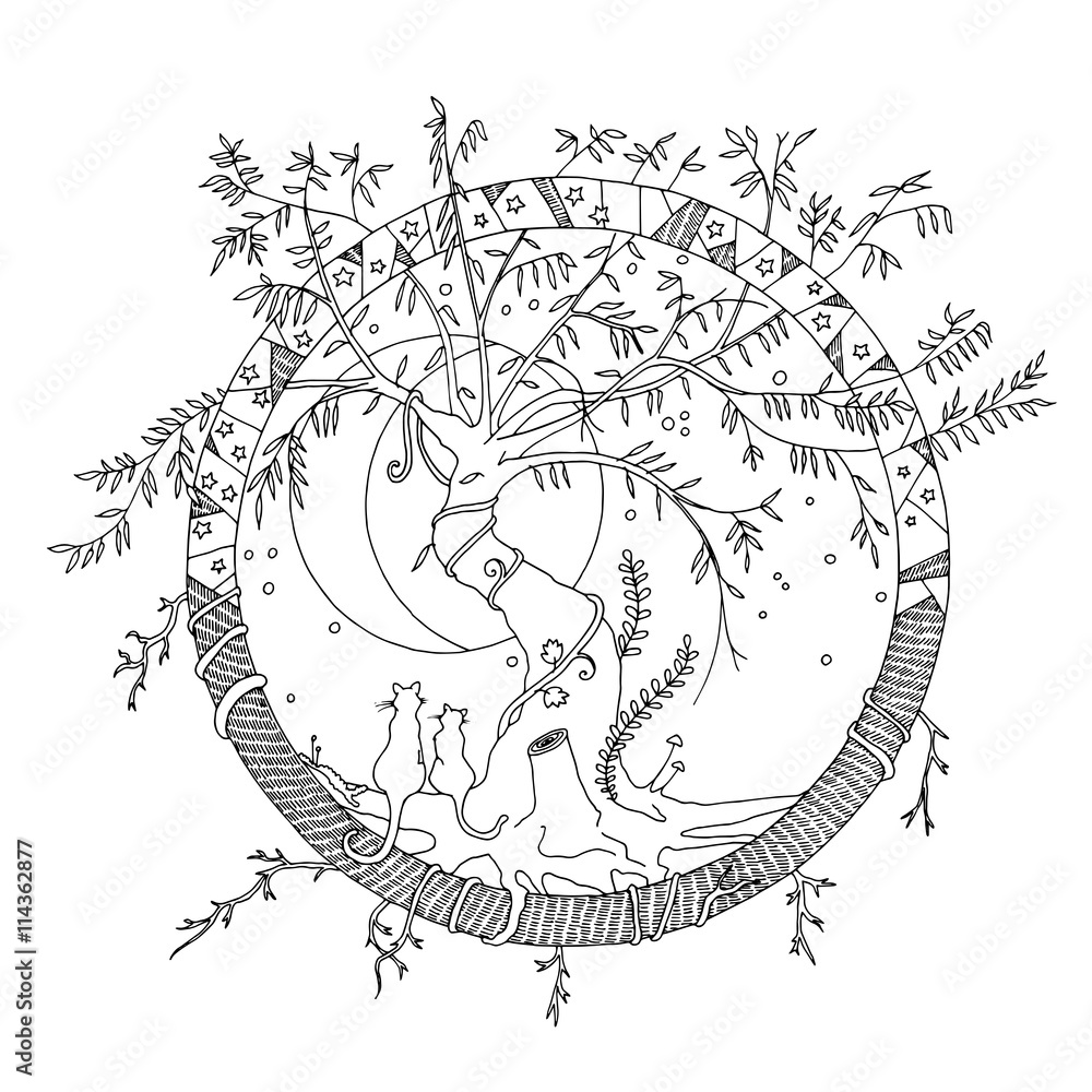 Round imaginary fictional world with a tangled old willow tree and two cats gazing at the full moon and stars adult grown