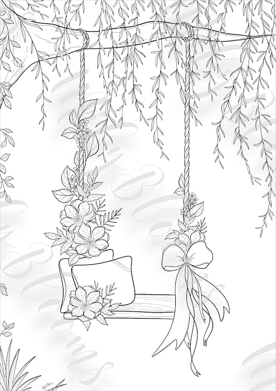 Printable and digital coloring page for adults swing at the willow tree romantic scene with and without background