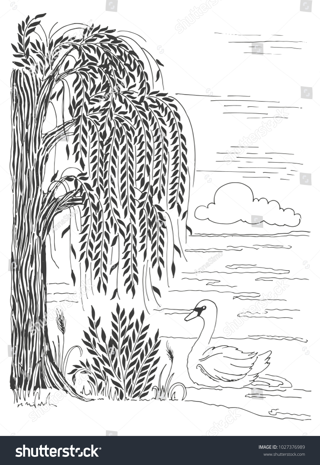 Hand drawn sketch illustration lake willow stock vector royalty free