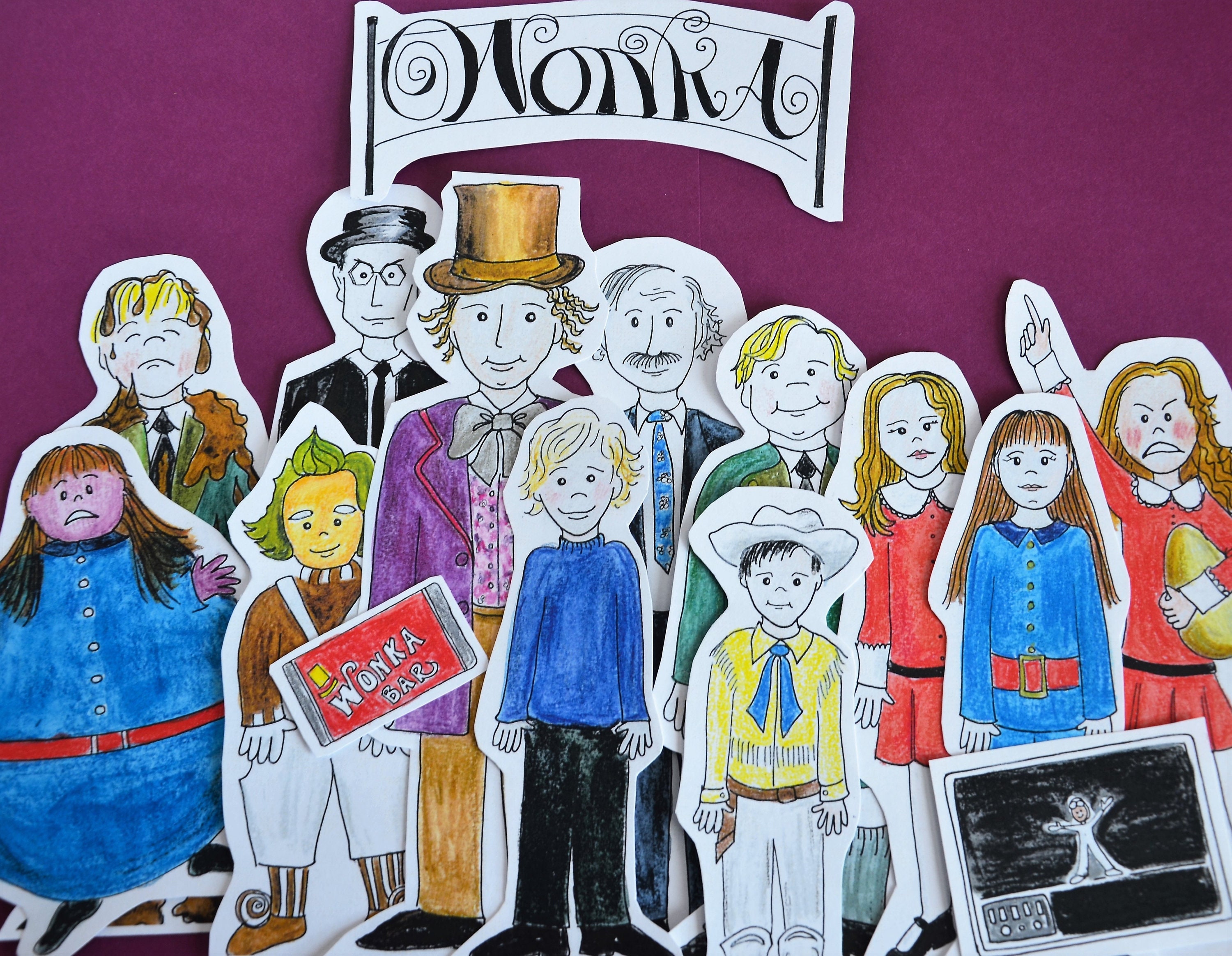 Willy wonka charlie and the chocolate factory printable characters paper dolls in color and outlines