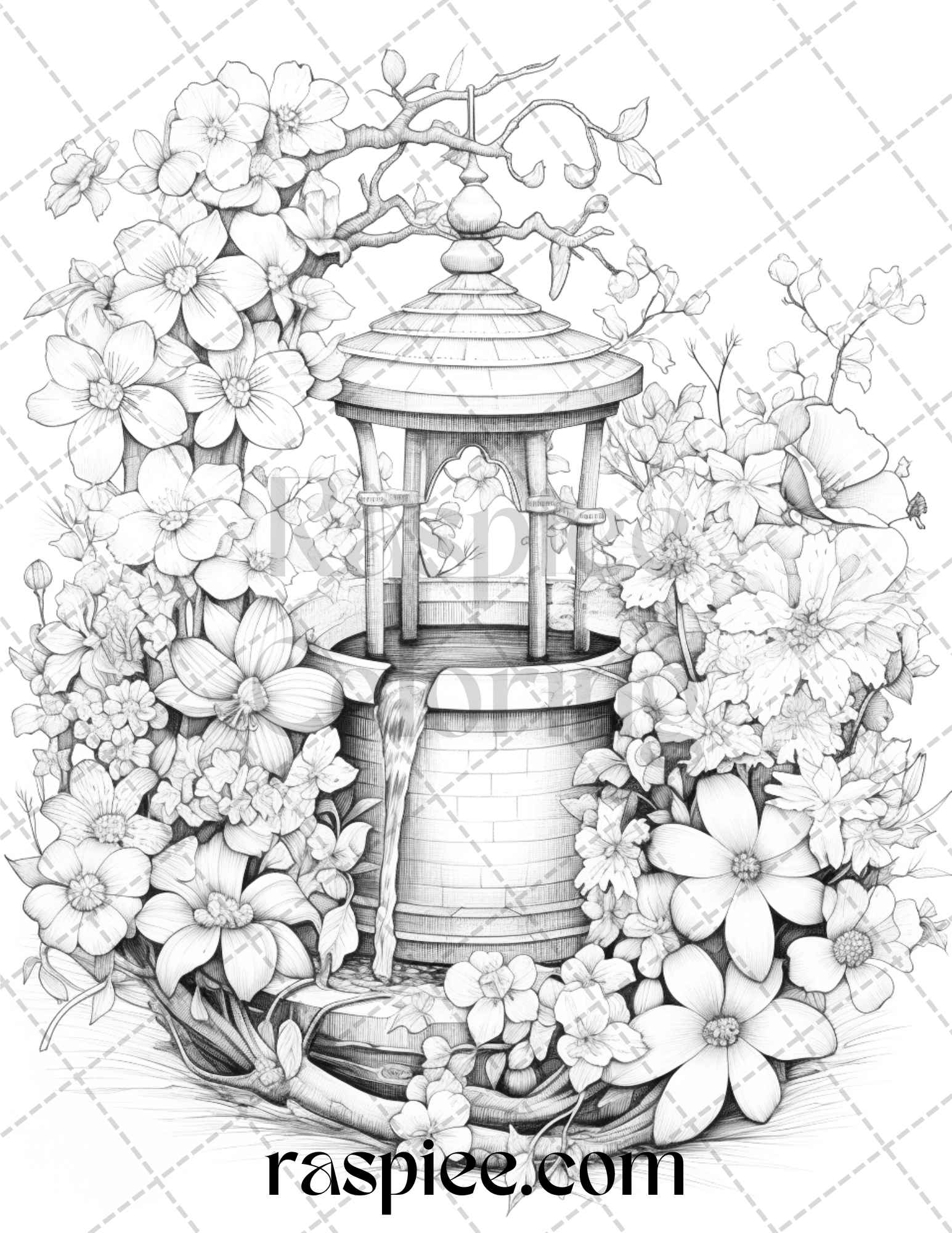 Whimsical wishing wells grayscale coloring pages printable for adul â coloring