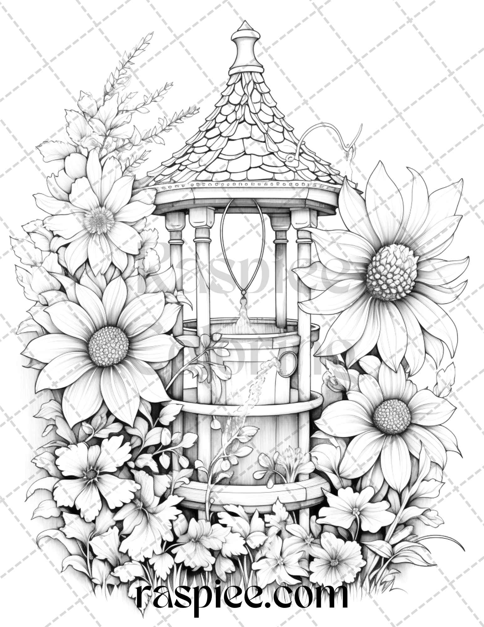 Whimsical wishing wells grayscale coloring pages printable for adul â coloring