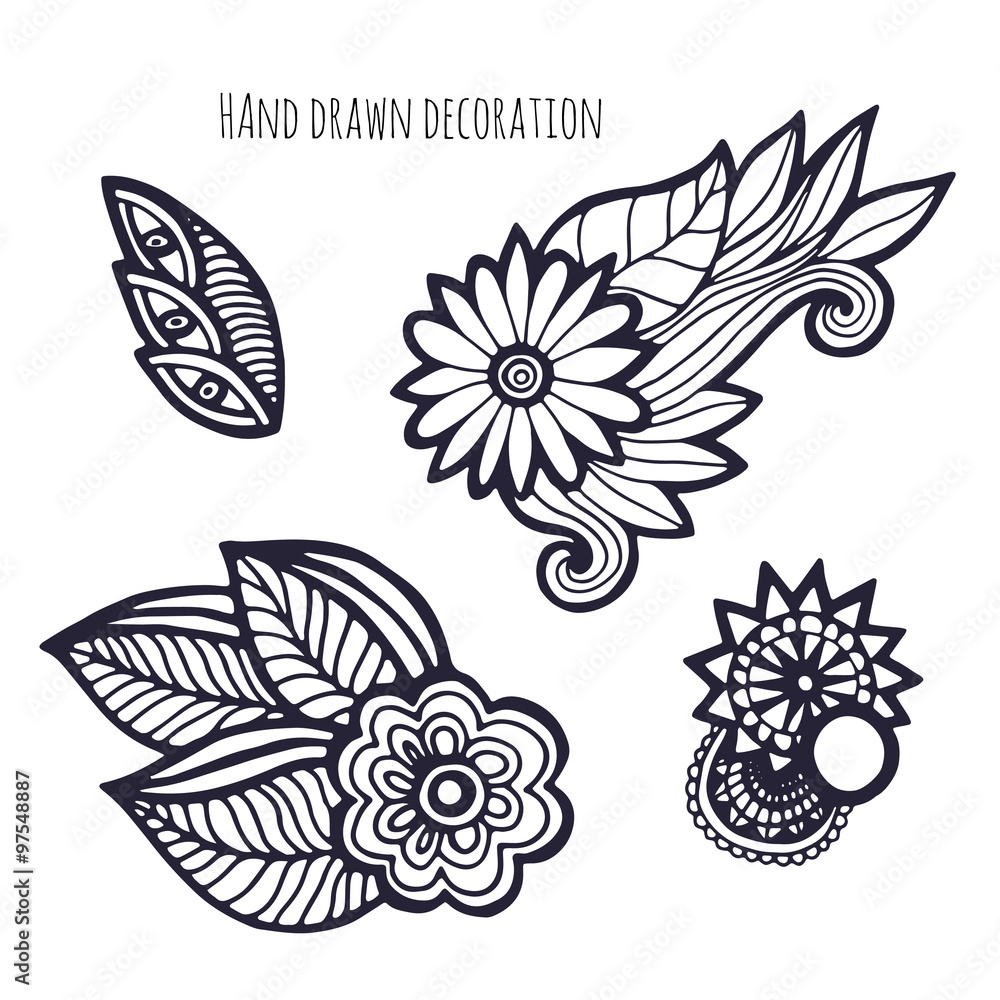 Hand drawn flowers coloring page decoration vector set with whimsical flower vector