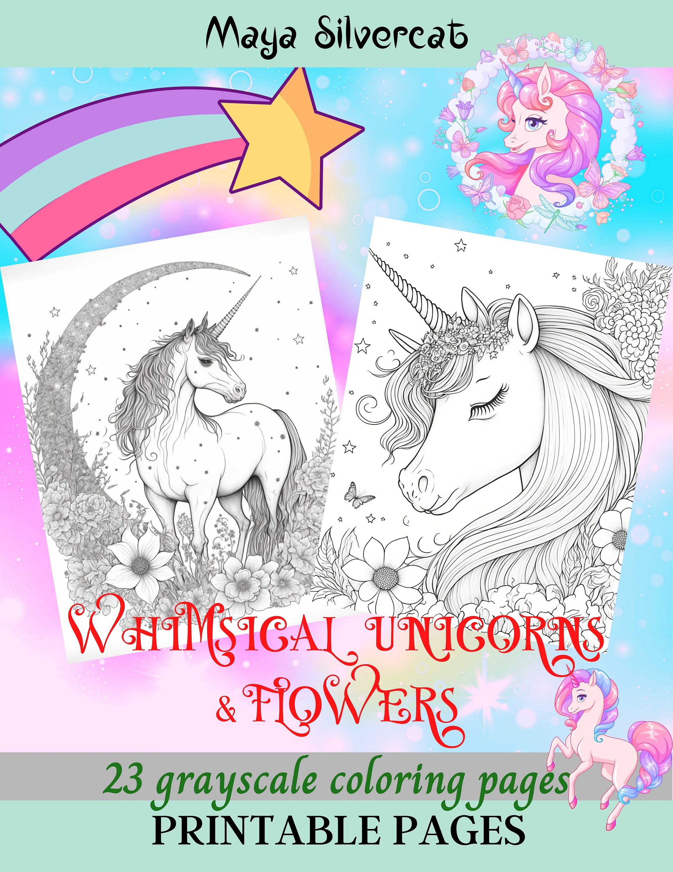 Whimsical unicorns flowers grayscale coloring pages for adults printable pages instant download