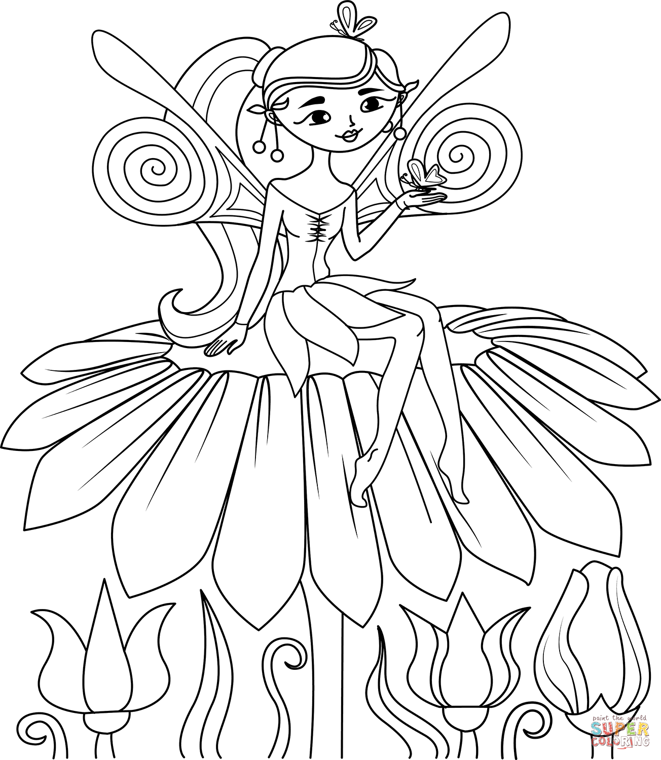 Whimsical flower fairy coloring page free printable coloring pages