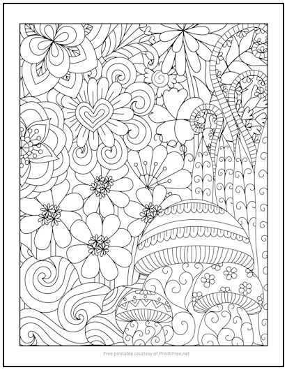Mushrooms and flowers coloring page print it free