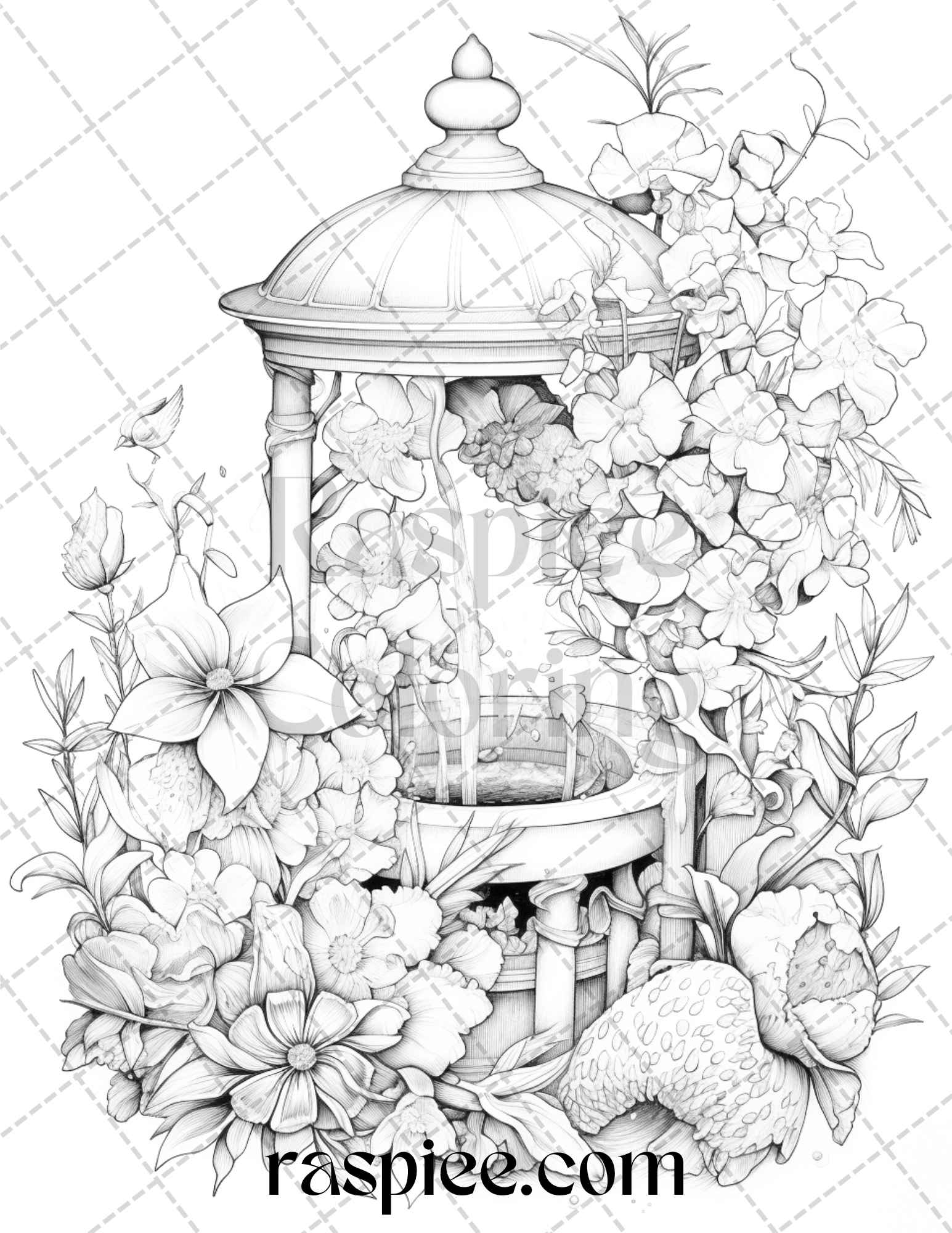 Whimsical wishing wells grayscale coloring pages printable for adul â coloring