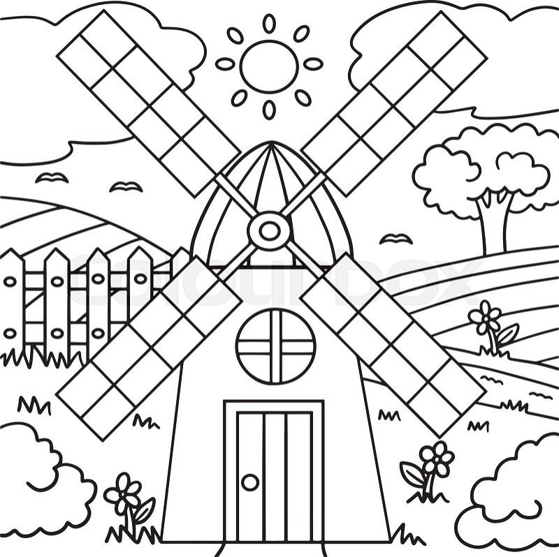 Windmill coloring page for kids stock vector