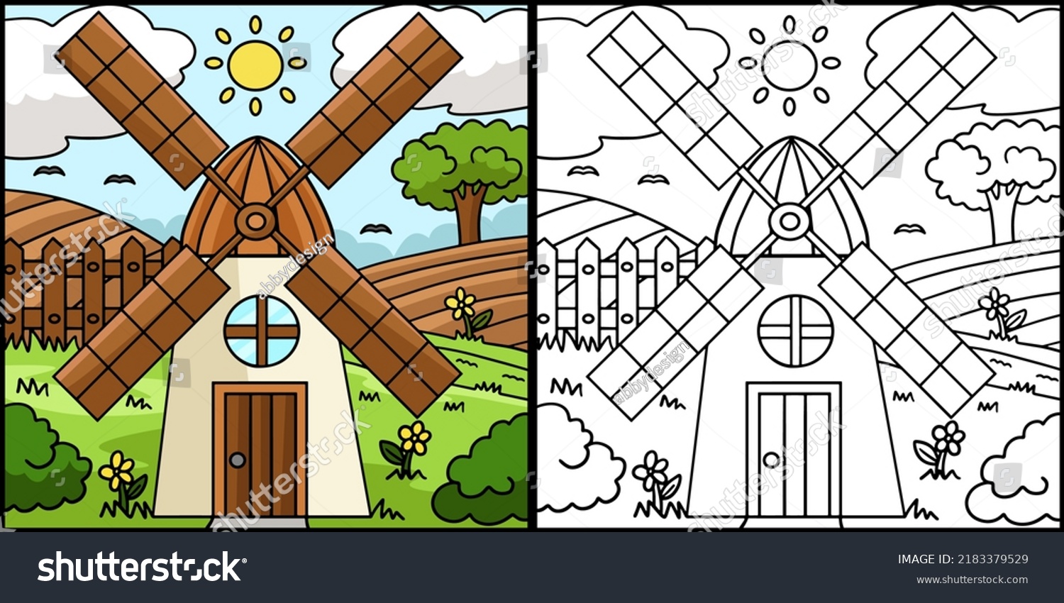 Windmill house coloring page colored illustration stock vector royalty free