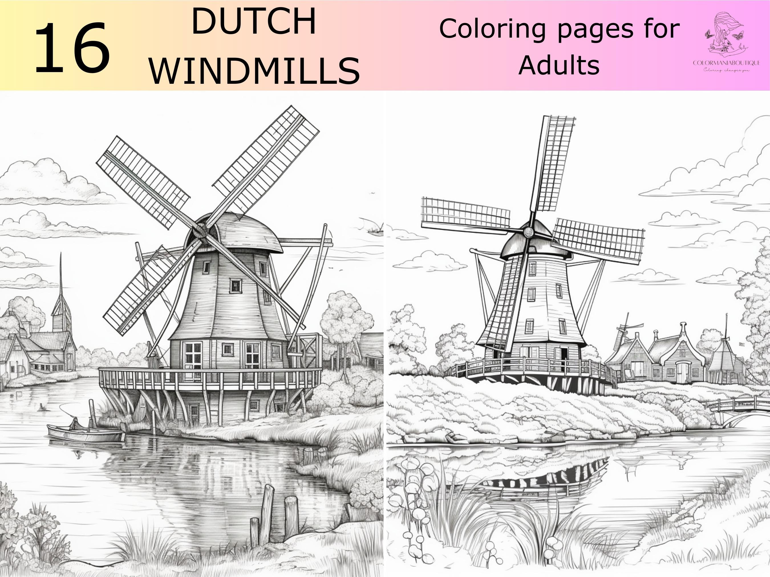 Windmills greyscale coloring book printable adult coloring pages download greyscale dutch windmills illustration