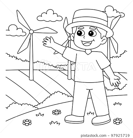 Boy showing a windmill coloring page for kids