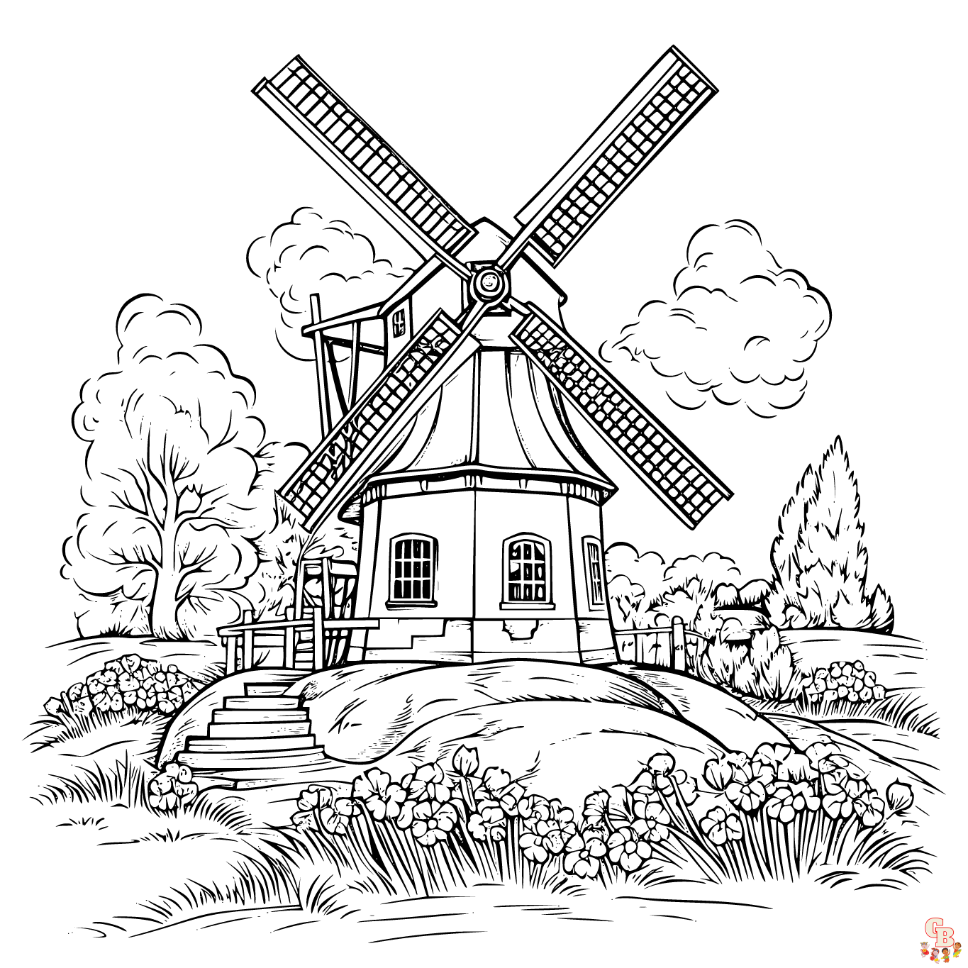 Printable windmill coloring pages free for kids and adults