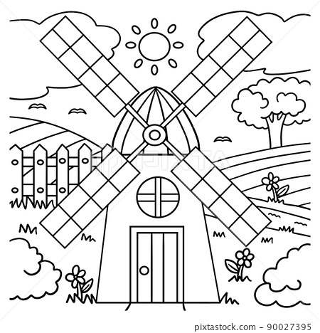 Windmill coloring page for kids