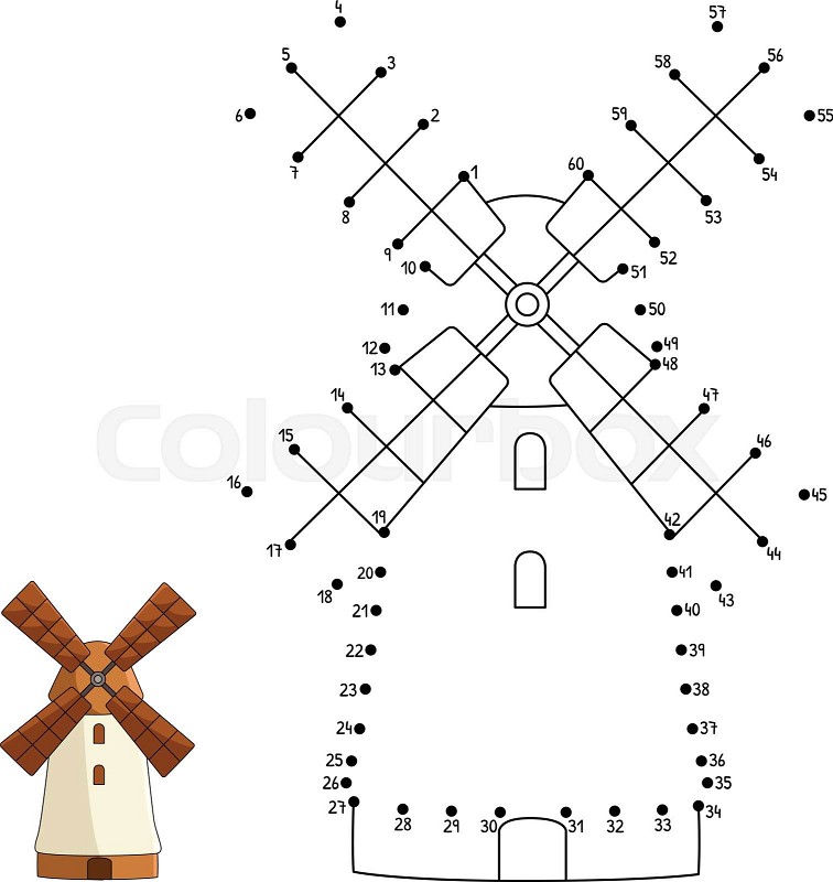 Dot to dot windmill coloring page for kids stock vector