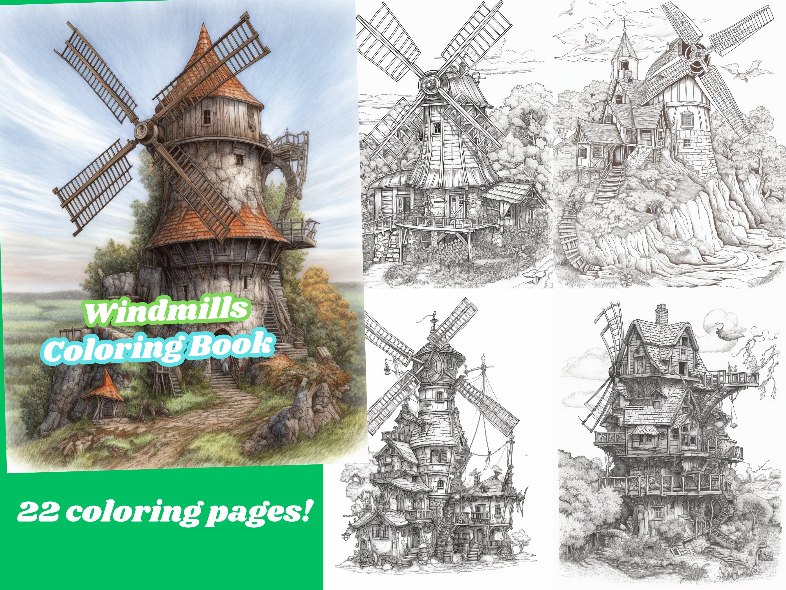 Windmill coloring book adults kids instant download grayscale coloring book printable pdf
