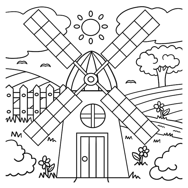 Premium vector windmill coloring page for kids