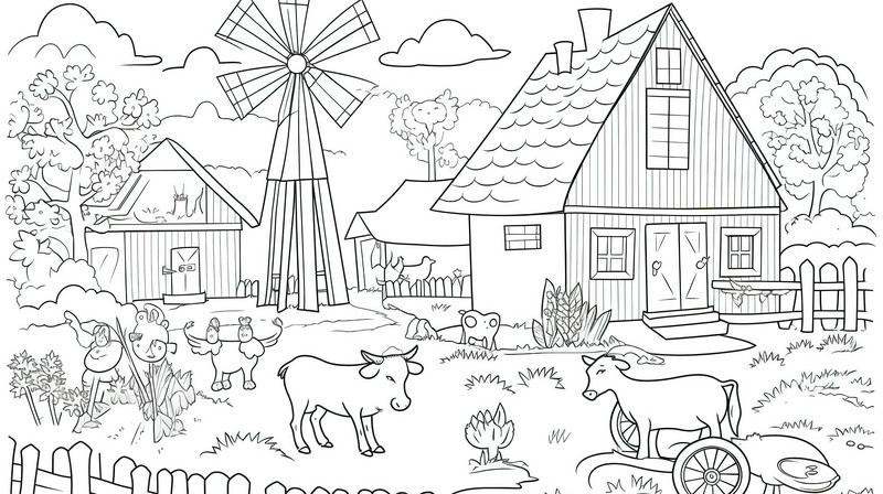 Color windmill farm with cows and coloring page for children backgrounds jpg free download