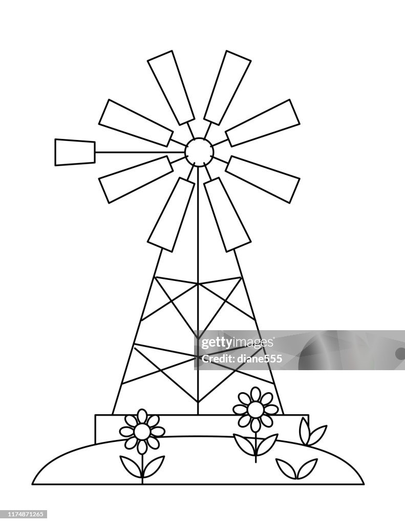 Cute childrens farm coloring book page windmill high