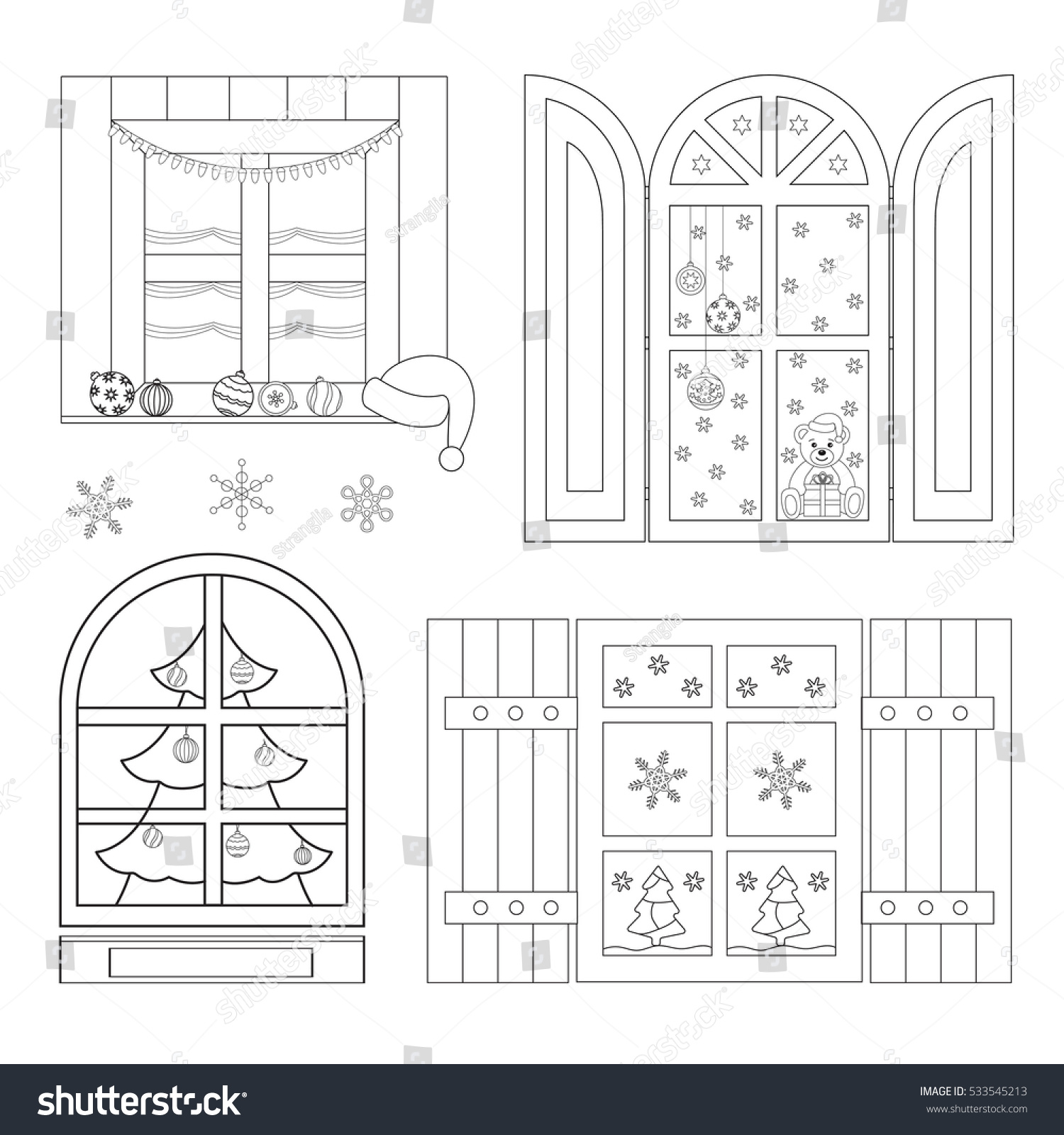 Set coloring christmas windows coloring book stock vector royalty free