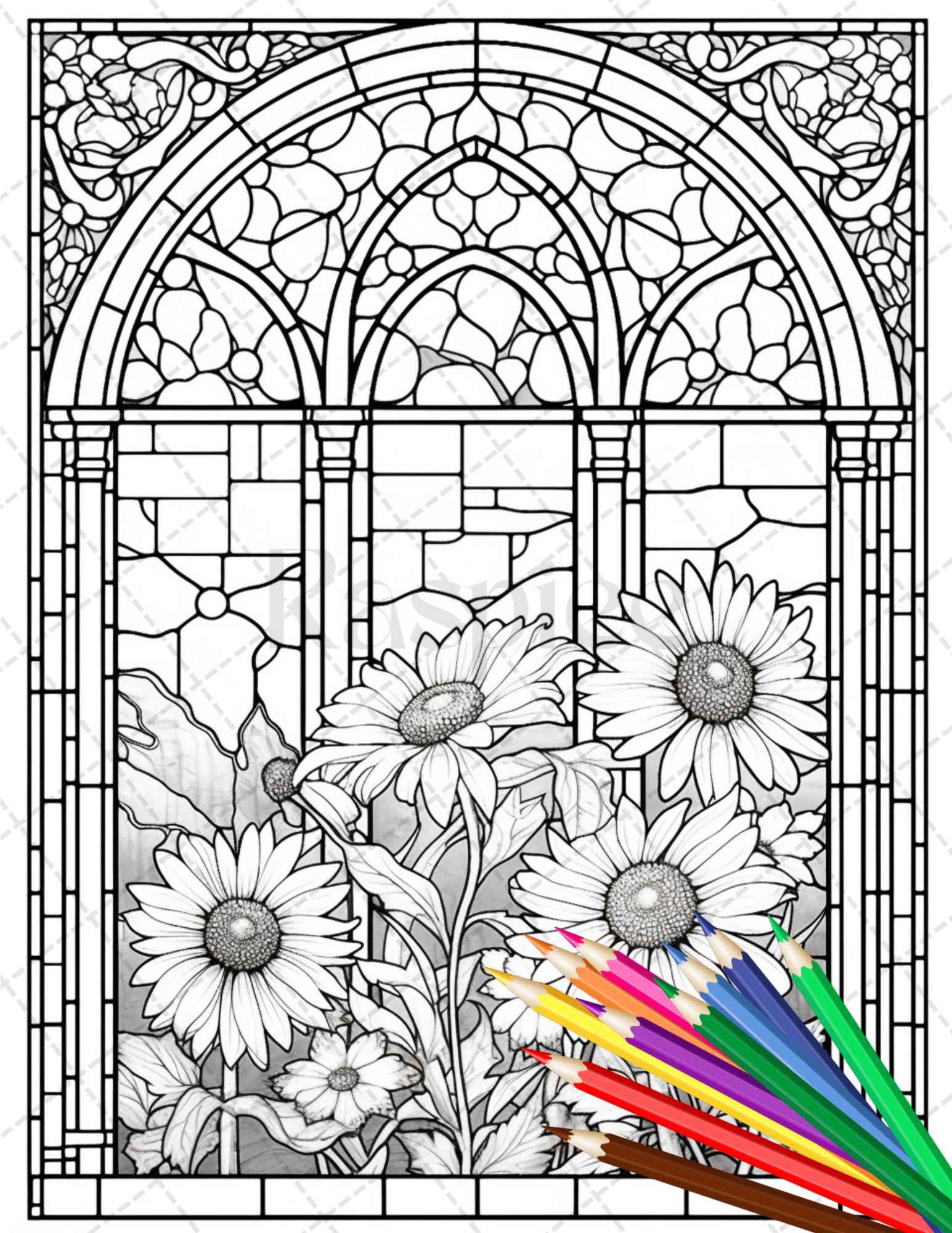 Stained glass flowers grayscale coloring pages printable for adults â coloring